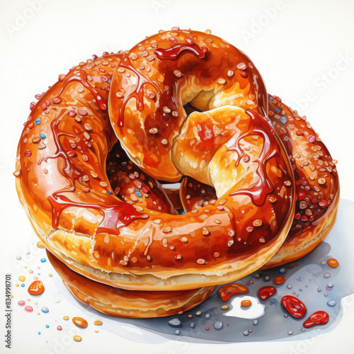 Watercolor Pretzel Illustration, Generative Ai