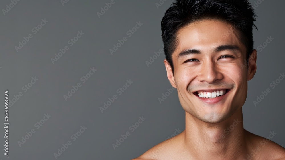 A handsome Asian male model smiles brightly, showcasing healthy skin A handsome Asian male model smiles brightly, showcasing healthy skin