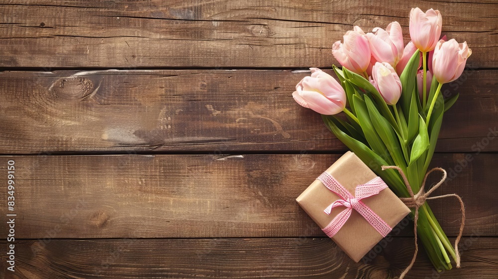 elegant mothers day gift box on rustic wooden background top view still life photo elegant mothers day gift box on rustic wooden background top view still life photo