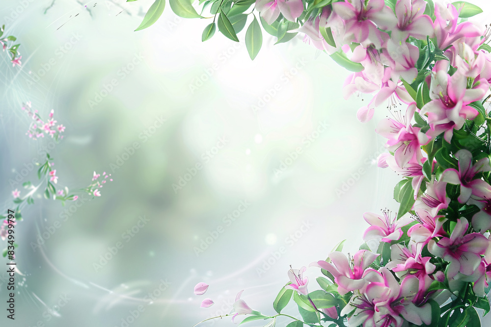 Pink floral spring frame with blossoming flowers and lush foliage Pink floral spring frame with blossoming flowers and lush foliage