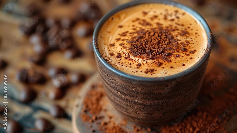 A frothy cappuccino, with a sprinkle of cocoa powder on top. A frothy cappuccino, with a sprinkle of cocoa powder on top.
