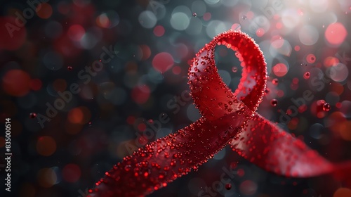 Close-up of a red awareness ribbon with glittering effects against a dark, blurry background, symbolizing HIV/AIDS awareness and solidarity. photo