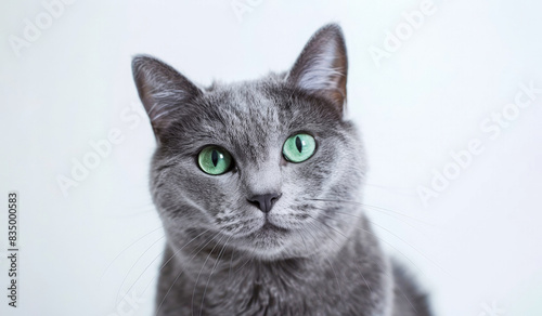 Close-up portrait of gray cat with green eyes sitting on white background and looking at camera. Selective focus. Generative AI