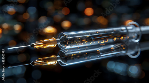 Close-up of a syringe with liquid on a reflective surface. Focus on the needle with blurry lights in the background.