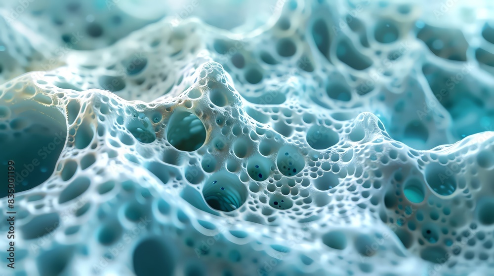 Close-up of intricate sponge texture displaying a network of holes and bubbles, showcasing a unique and abstract pattern in blue tones. Close-up of intricate sponge texture displaying a network of holes and bubbles, showcasing a unique and abstract pattern in blue tones.