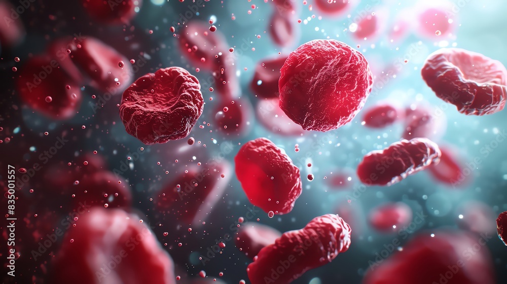 Close-up view of red blood cells in a flow, highlighting the texture and scientific detail in a vibrant, high-resolution medical image. Close-up view of red blood cells in a flow, highlighting the texture and scientific detail in a vibrant, high-resolution medical image.