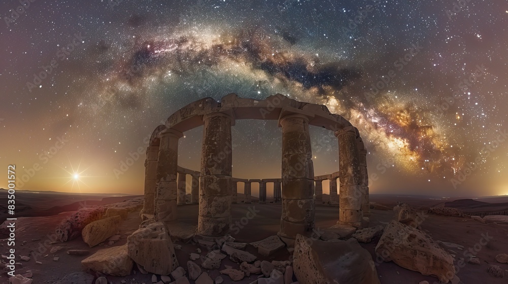 A breathtaking shot of the Milky Way over an ancient monument. A breathtaking shot of the Milky Way over an ancient monument.