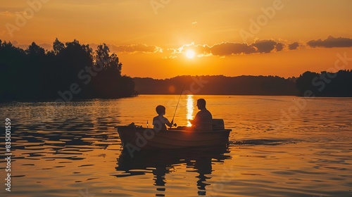 father and son fishing at sunset catching fish on boat in mazury lake summer recreation photo