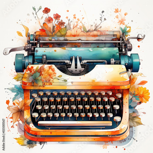 Watercolor Colorful Typewriter Illustration, Generative Ai