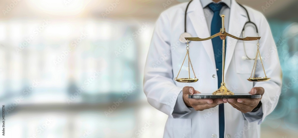 Medical ethics doctor holding scales of justice in hands analyzing ...