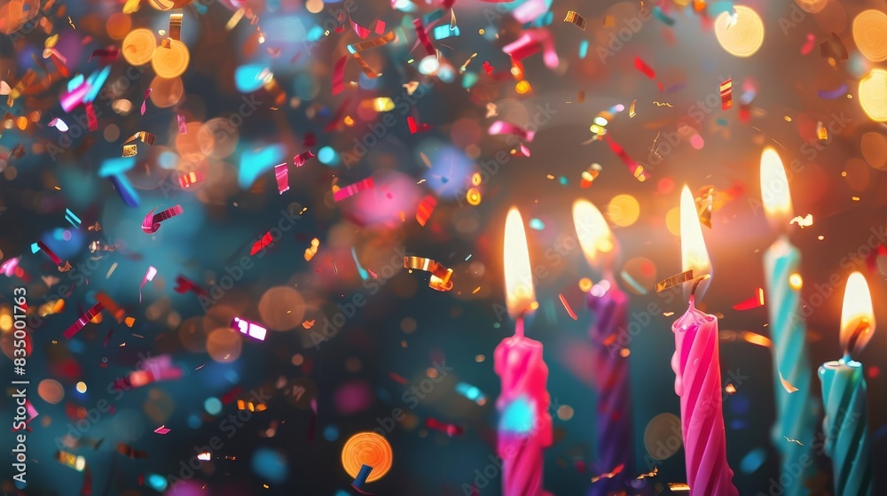 festive birthday celebration with colorful confetti lit candles and bokeh lights abstract background festive birthday celebration with colorful confetti lit candles and bokeh lights abstract background