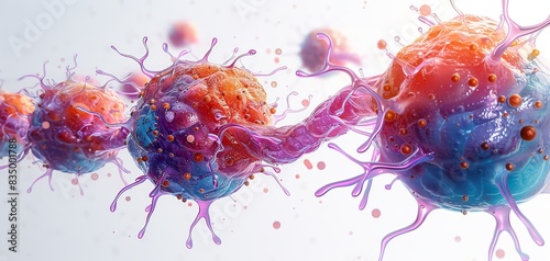 Colorful close-up of biological cells interconnected with vivid orange and blue colors, representing scientific and medical research.
