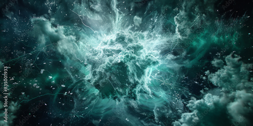 Abstract cosmic explosion with green and black colors, depicting an ethereal, sci-fi space nebula. Ideal for artistic and design projects. Abstract cosmic explosion with green and black colors, depicting an ethereal, sci-fi space nebula. Ideal for artistic and design projects.