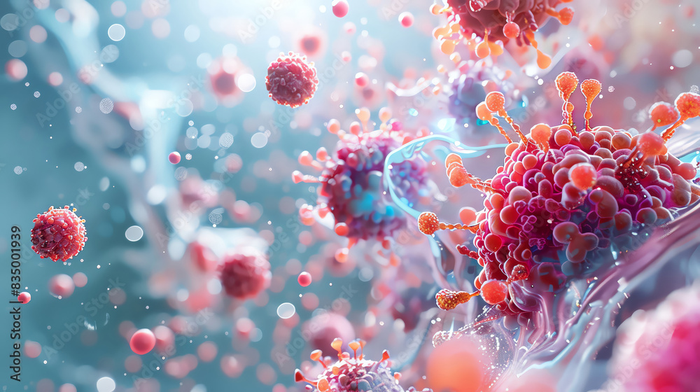 High-resolution image of microscopic red and pink virus particles in a fluid environment, representing biological or medical concepts. High-resolution image of microscopic red and pink virus particles in a fluid environment, representing biological or medical concepts.
