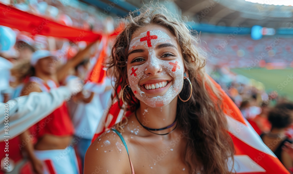 Fototapeta premium Portrait of a passionate female English fan celebrating at a UEFA EURO 2024 football match, her face painted with the colors and patterns of the English flag, radiating enthusiasm and national pride