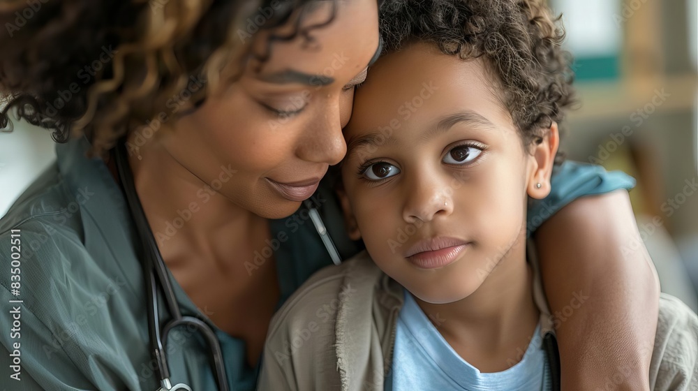 A social worker comforting a distressed child in a cozy office close up, compassion theme, realistic, blend mode, office backdrop