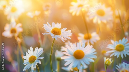 beautiful daisies and flowers in a field in sunset