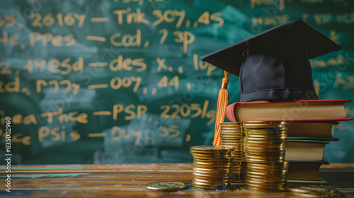 Wallpaper Mural A stack coins with an graduation hat, books and microherps on top, background is blurred green color classroom board in the school, concept for education planning money Torontodigital.ca