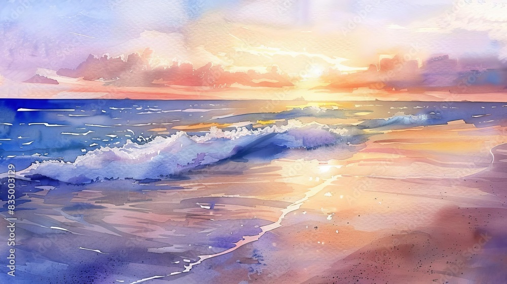 gentle waves lapping on serene sandy beach at sunset watercolor painting gentle waves lapping on serene sandy beach at sunset watercolor painting