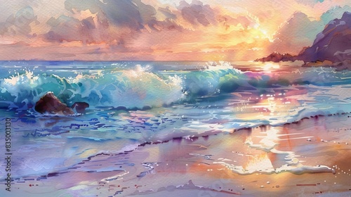 gentle waves lapping on serene sandy beach at sunset watercolor painting