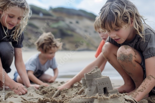Children Building Sandcastles On Beach