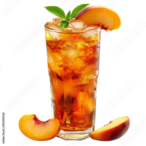 Refreshing glass of iced peach tea with ice cubes and peach slices, perfect for summer. High quality stock photo for beverage and summer themes.