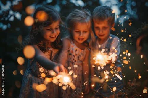 Children Celebrating With Sparklers At Night