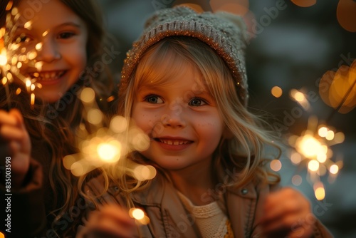 Children Celebrating With Sparklers At Night