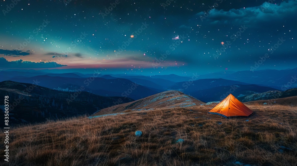glowing tent under starry night sky on mountain ridge serene outdoor camping scene landscape photography glowing tent under starry night sky on mountain ridge serene outdoor camping scene landscape photography