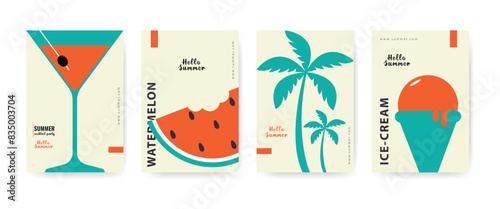 Concept of summer time party and travel. Perfect background on the theme of season vacation, weekend, beach. Flat vector illustration in minimalistic style for posters, cover art, flyer, banner. 