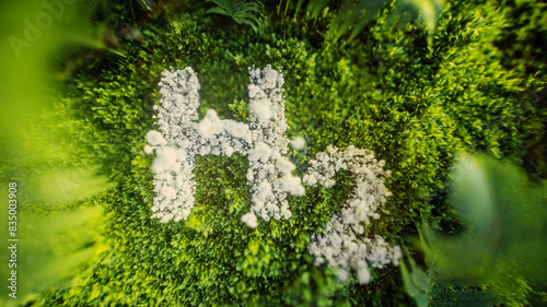 3D rendering of hydrogen (H2) symbol made of white mushrooms on lush green moss and ferns, representing eco-friendly and sustainable energy sources.