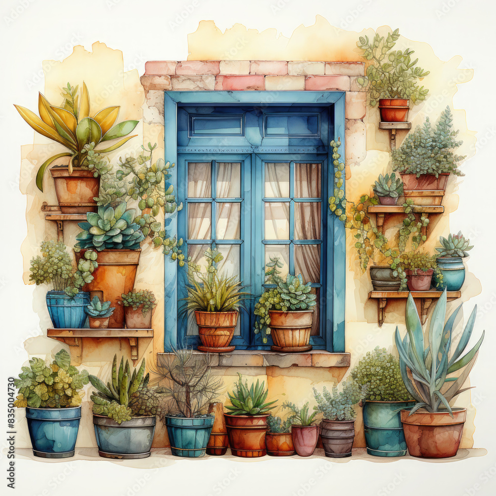 Watercolor Mediterranean Windows Illustration, Generative Ai