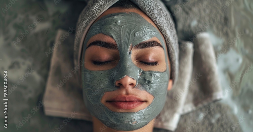 A woman is lying on her back with closed eyes, wearing grey facial mask. A woman is lying on her back with closed eyes, wearing grey facial mask.