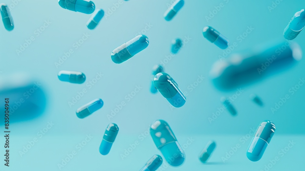 Falling blue medicine pill capsules on blue background. Antibiotics
