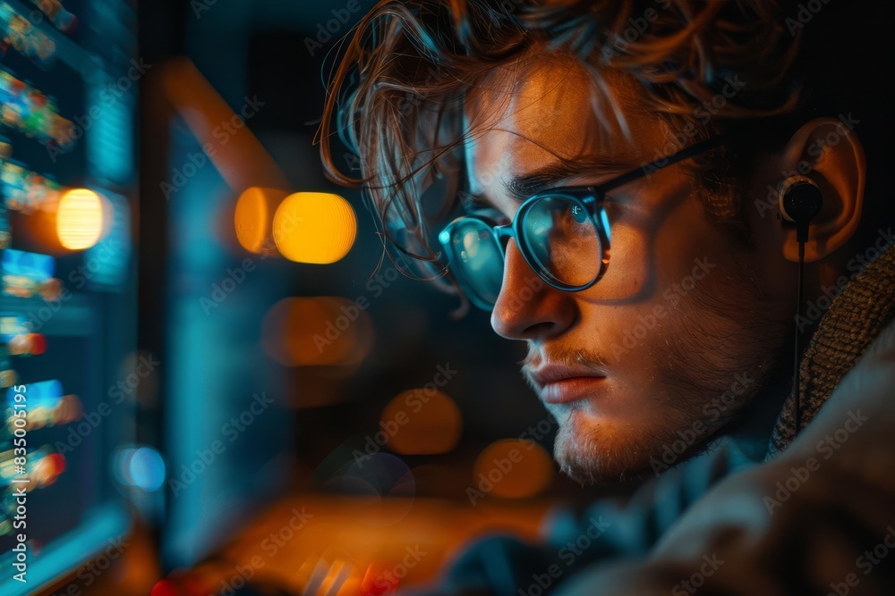 A software developer debugging a complex program late at night selective focus, problemsolving theme, ethereal, overlay, dimly lit office backdrop A software developer debugging a complex program late at night selective focus, problemsolving theme, ethereal, overlay, dimly lit office backdrop