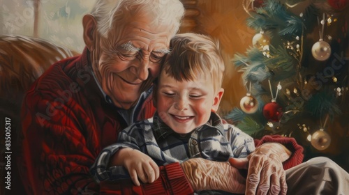 heartwarming moment grandfather and grandson bonding at christmas family portrait oil painting