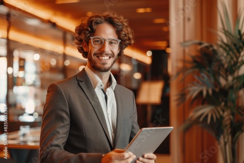 A young businessman smiling while holding a digital tablet in a modern office.
