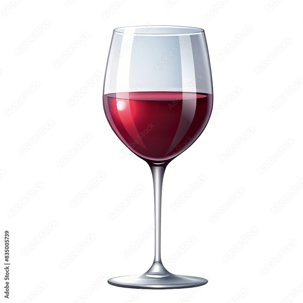 A crystal red wineglass filled with a deep red liquid sits isolated