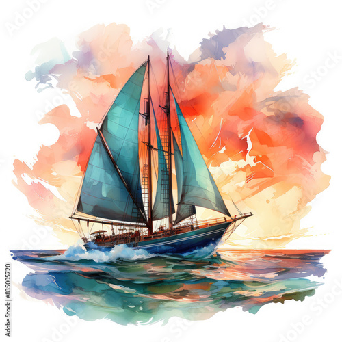 Watercolor Framed Sunset Sailboat Illustration, Generative Ai