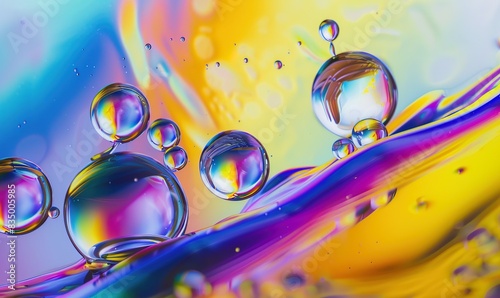 Abstract vivd Colorful Food Oil Drops Bubbles and spheres Flowing on Water Surface photo