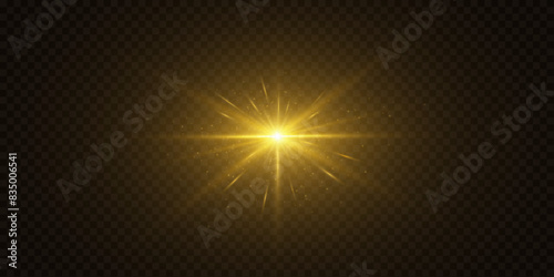 Shining golden star. Light Effect Bright Star, Christmas Star. Gold glowing light explodes.