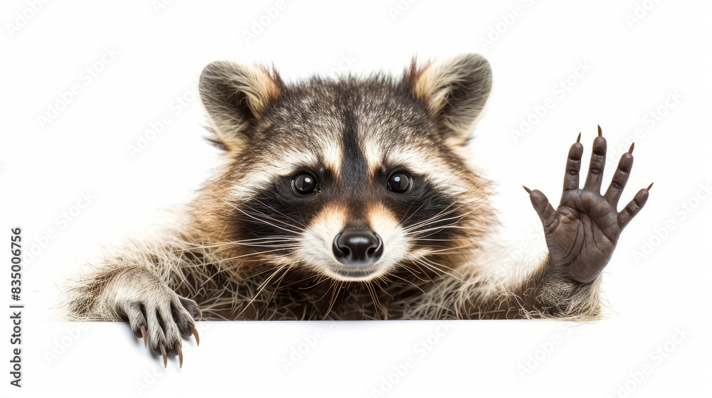 Obraz premium Cute raccoon showing peace sign against white background