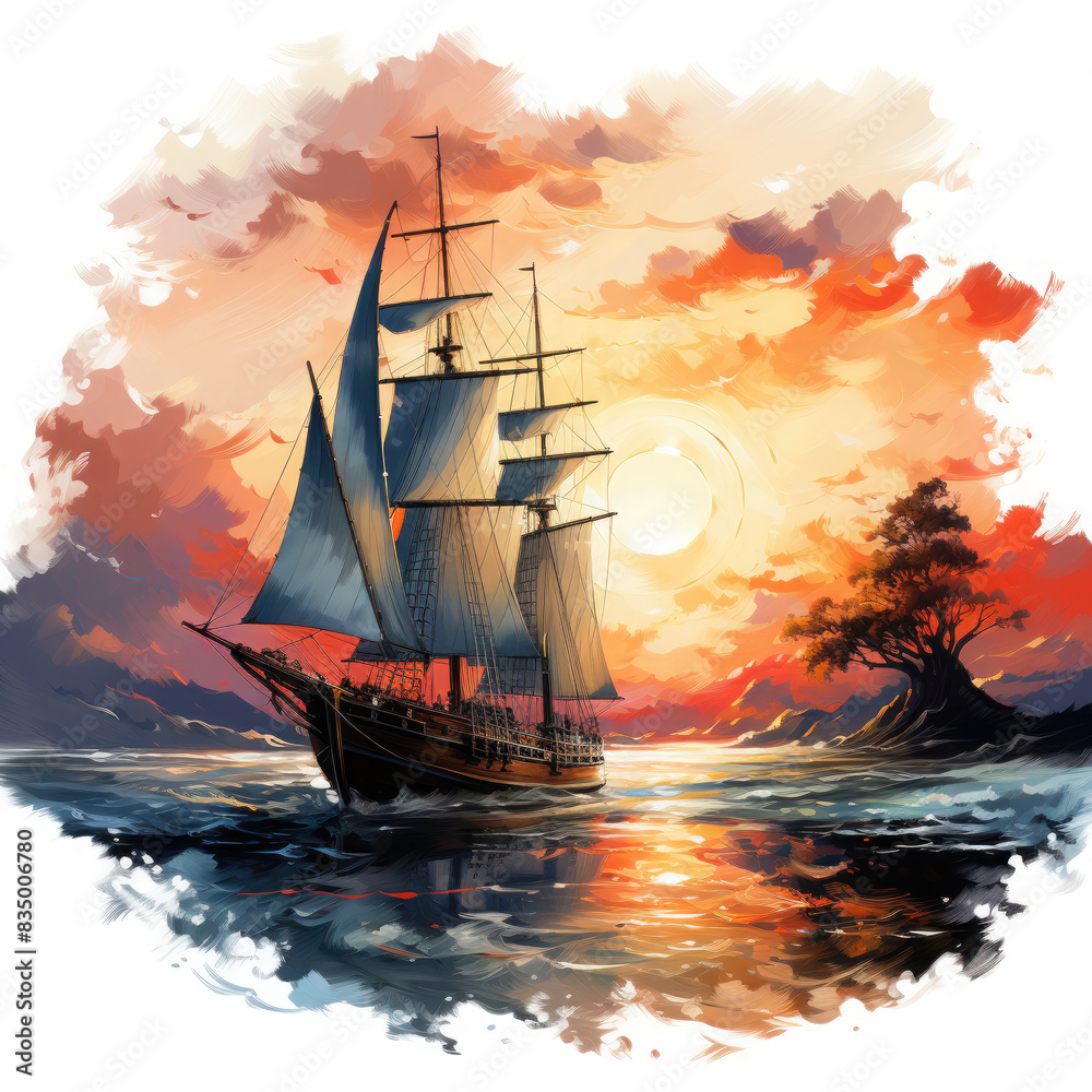 Obraz premium Watercolor Framed Sunset Sailboat Illustration, Generative Ai