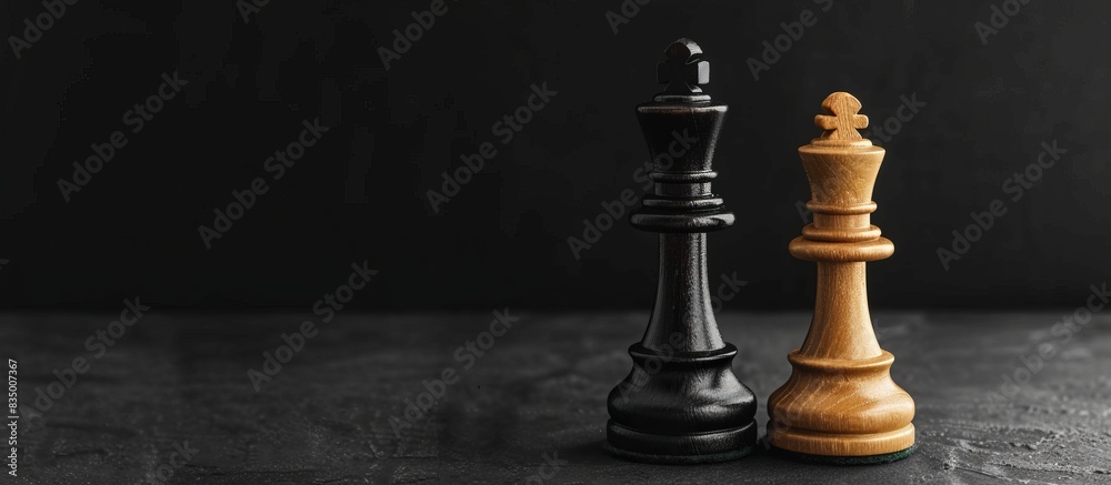 Artful chess king queen on board, international chess day concept