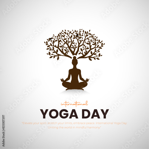 International Yoga Day Post and Greeting Card Design. Modern and Elegant Yoga Day Creative with Woman in Meditation Pose Vector Illustration
