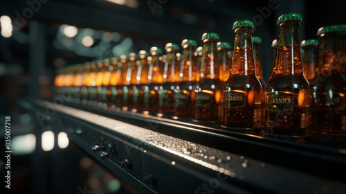 Production of brewing and bottling craft beer at a beer production plant. Conveyor with beer bottles.	