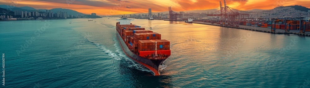 Obraz premium Global Trade Network: Cargo Ship Departing from Busy Harbor Illustrating International Logistics and Transportation Efficiency