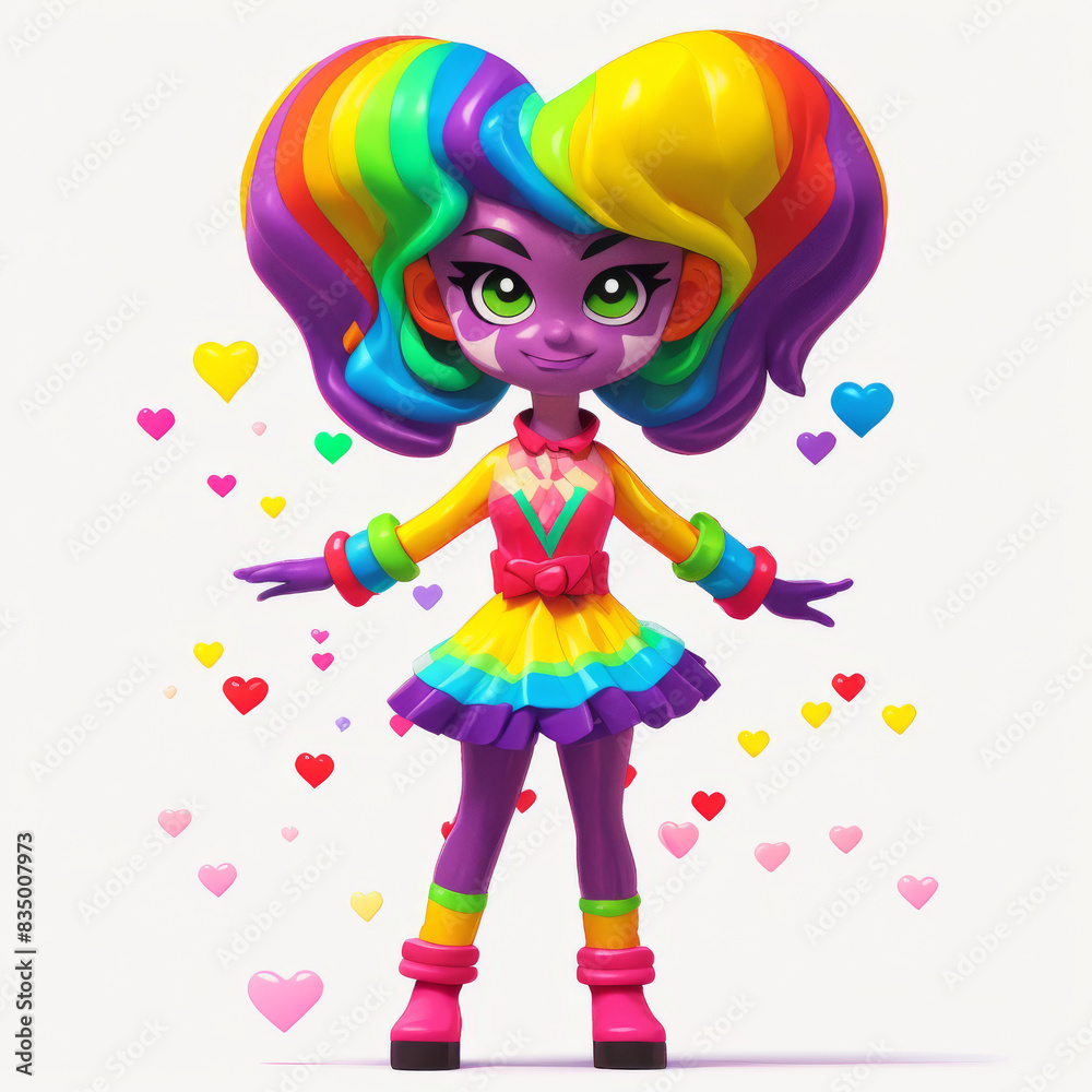 3d female character with intricate rainbow face paint, dressed in a stylish outfit featuring various LGBTQ+ pride elements, standing in a powerful pose with arms raised and surrounded by floating rain 3d female character with intricate rainbow face paint, dressed in a stylish outfit featuring various LGBTQ+ pride elements, standing in a powerful pose with arms raised and surrounded by floating rain
