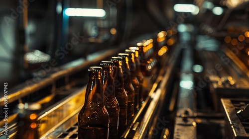 Production of brewing and bottling craft beer at a beer production plant. Conveyor with beer bottles.	