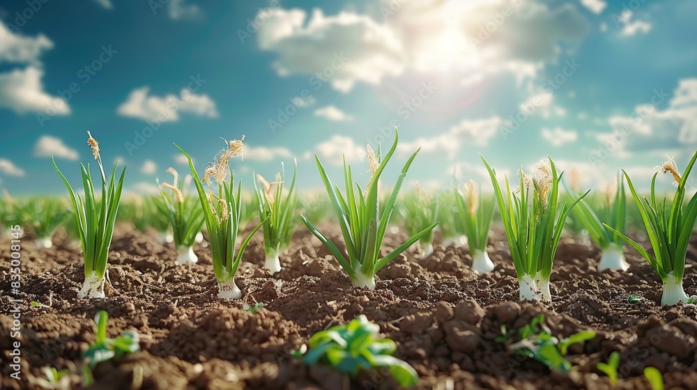 Onion plants are neatly lined up growing on a large farm. Generative Ai. Onion plants are neatly lined up growing on a large farm. Generative Ai.